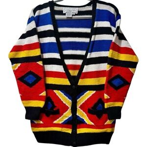 Heavyweight Aztec Print Striped Vintage Cotton Knit Cardigan Sweater Sz Small